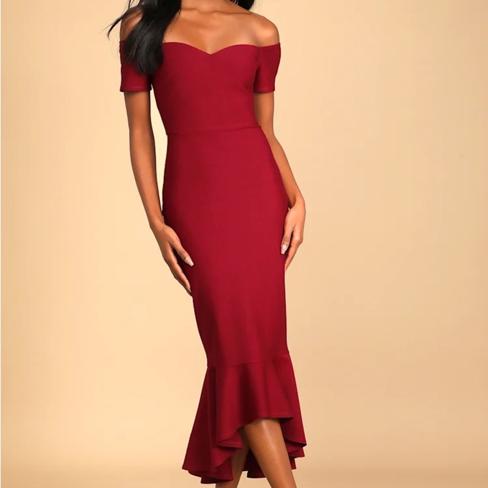 Elegant Wine Red Off-the-Shoulder Midi Dress